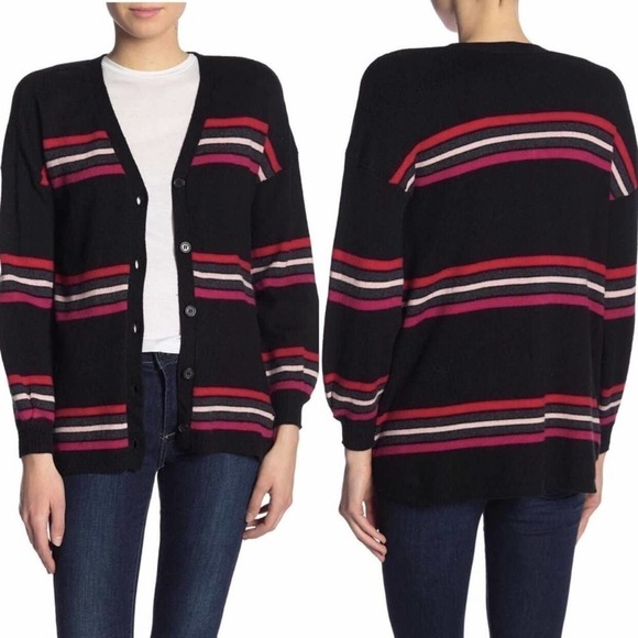 Democracy Black Stripe Girlfriend Cardigan Sweater M Medium - Picture 6 of 6